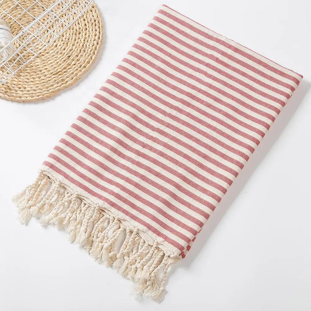 High Quality Custom Cotton Tassel Turkish Hammam Stripe Fouta Beach Towels Bag Printed Summer Use for Bath or Swim