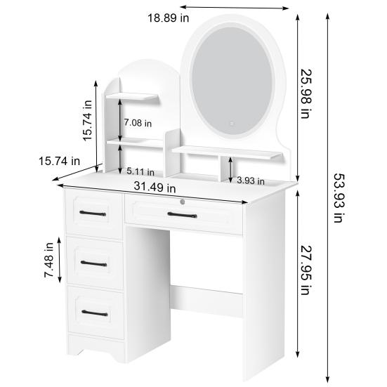 Home Vanity Desk Makeup with Mirror, Large Storage Shelves, 4 Drawers, Table Light, Bedroom Dressing