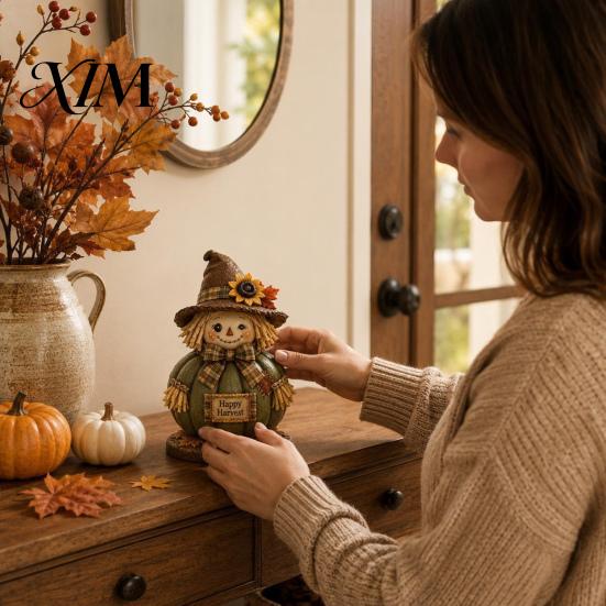 Fall Farmhouse Table Centerpieces 3 Pcs Wooden Scarecrow Figurines, Rustic Statue with Maple Decorative Straw Figures for Home Leaf, Sunflower, Autumn