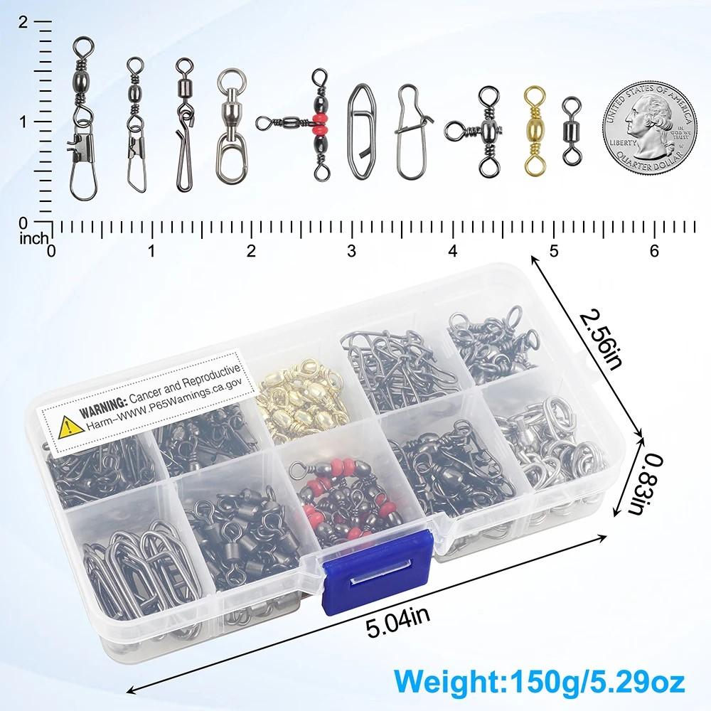 165Pcs Fishing Swivels Accessories Kit Ball Bearing Swivels Rolling Swivels Fishing Swivels Snap Clips Fishing Connectors