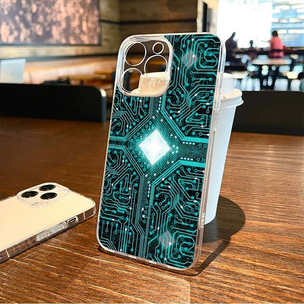 Чехол для телефона с принтом печатной платы Для iPhone17,16,15,14,13,12,11 Plus,Pro Max Мягкий прозрачный чехол