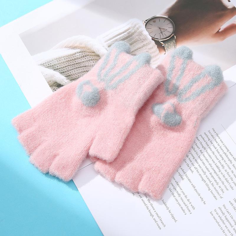 Мультяшные перчатки без пальцев, перчатки с зайчиками, полупальцевые перчатки, женские утолщенные зимние теплые перчатки, полупальцевые перчатки для студентов