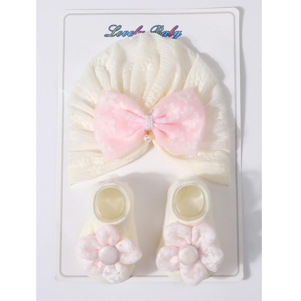 Lace Bowknot Baby Hat Socks Set Anti-Slip Sole Baby Girl Headwrap Set For Newborn