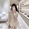 Women's High-End Wool Cardigan Coat with Apricot Fur Details - Long-Sleeved, Waist-Binding; Perfect for Autumn and Winter.