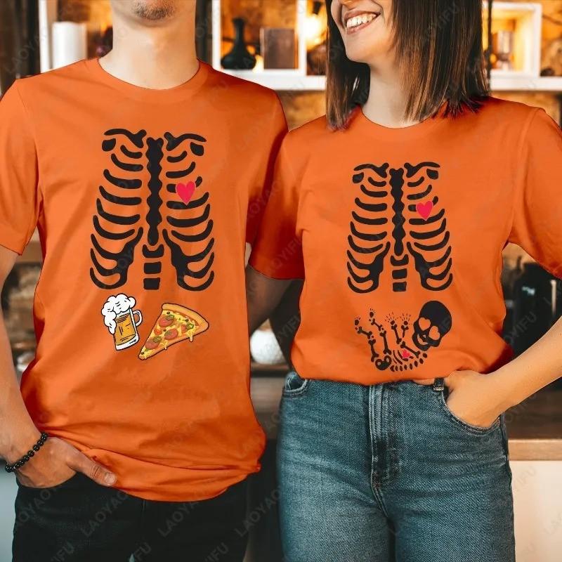Mens Cotton Graphic Tee Skeleton Ribcage Beer Pizza Halloween Streetwear Short Sleeve T-Shirt