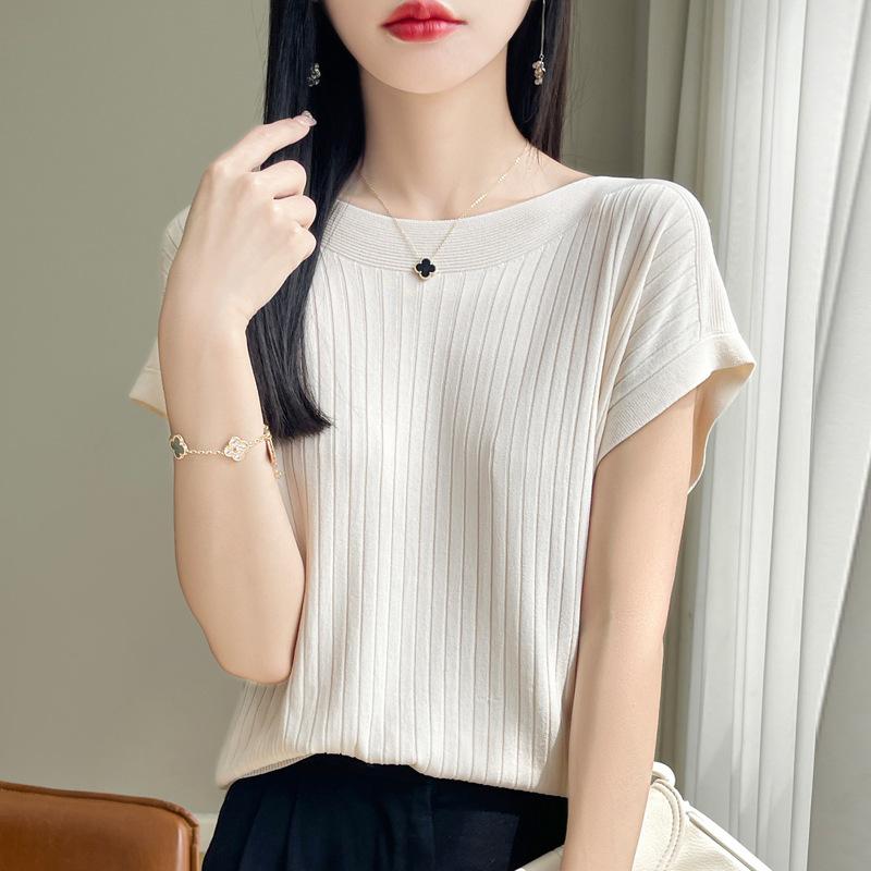 Модный женский свитер с вырезом-лодочкой из ледяного шелка, весна-лето, вязаный свитер, свободные повседневные рубашки, трикотажные изделия с коротким рукавом