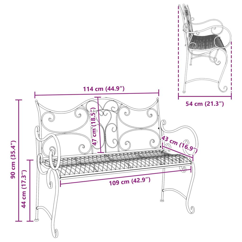 Garden Bench 2 Seater 114 x 56.5 x 90 cm Steel Silver Grey