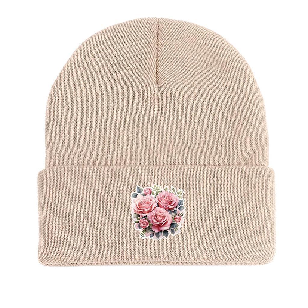 Теплая вязаная шапка с розовыми цветами, шапка-бини Skullies, универсальная ветрозащитная вязаная шапка для отдыха