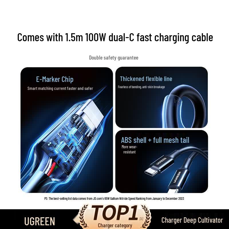 Ugreen Быстрое зарядное устройство GaN USB-C мощностью 65 Вт с кабелем 1,5 м
