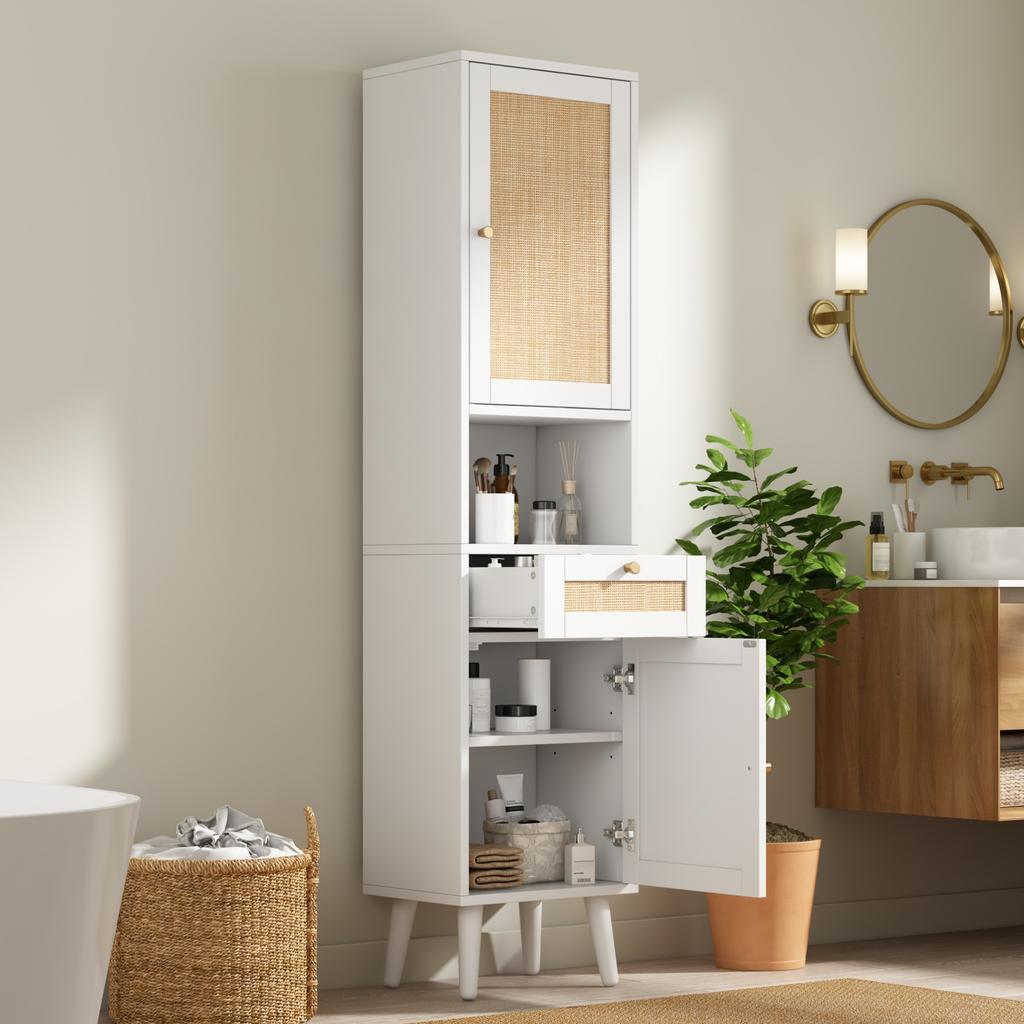 Tall Freestanding Bathroom Cabinet, Rattan Doors, Reversible Left-Right, Drawer, Magnetic Closure, Soft-Close Hinges, 40×30×166 cm, White
