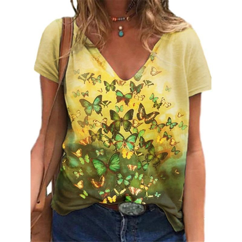 Летняя женская свободная разноцветная футболка с V-образным вырезом и короткими рукавами для женщин