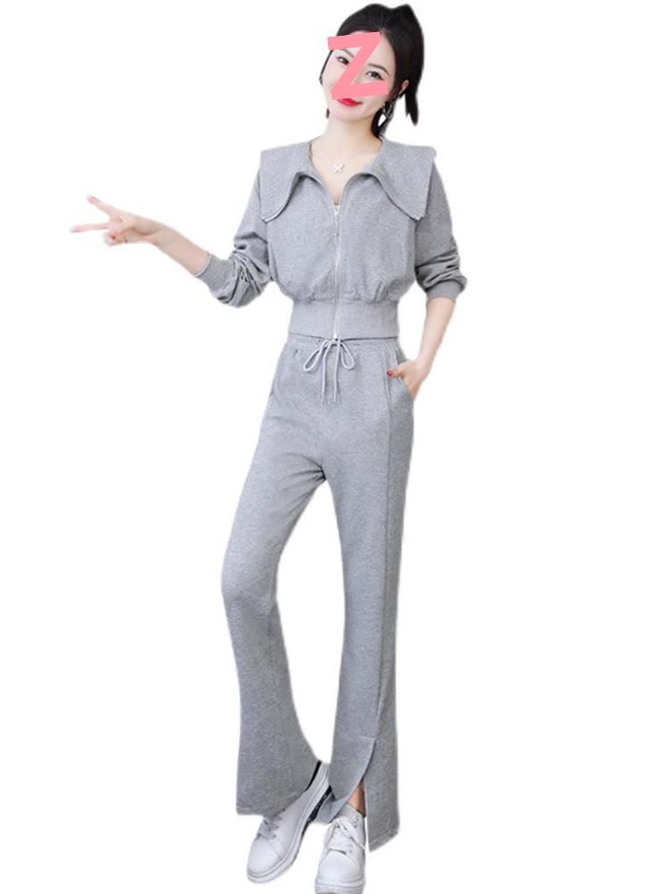 Женский комплект из двух предметов: Куртка с длинным рукавом и расклешенные брюки с высокой талией - Повседневная спортивная одежда для весны и осени