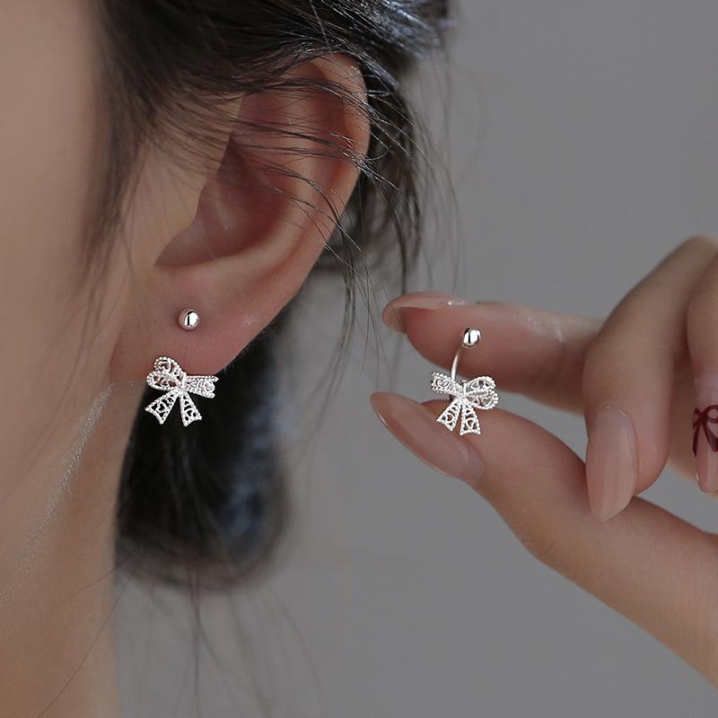 925 Sterling Silver Lace Heart Hollow Bow Screw Buckle Puncture Stud Earrings for Women Fine Jewelry Minimalist Accessories