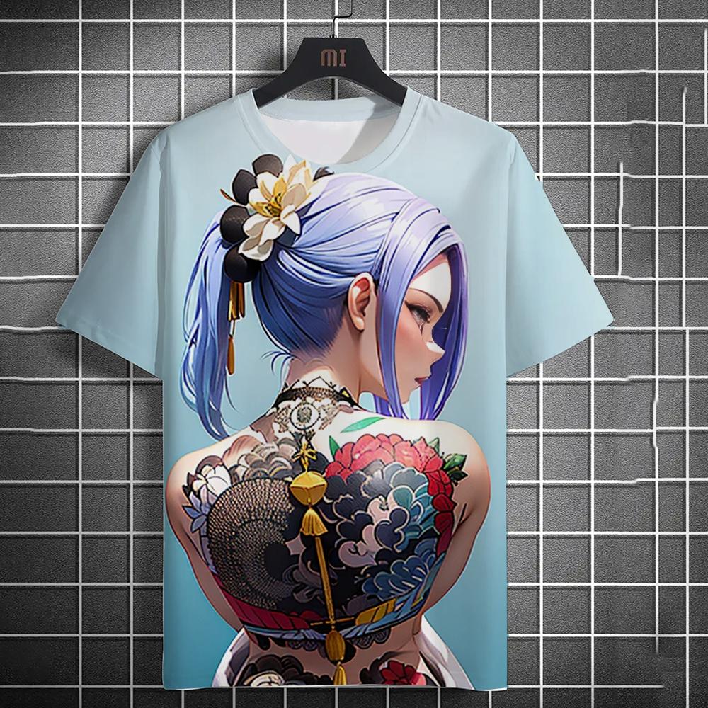 Men's T-shirt 3D Printed Anime Goddess Back Tattoo Print T-shirt Casual Loose Short Sleeved T-shirt Men's Home Y2k Clothing Tops