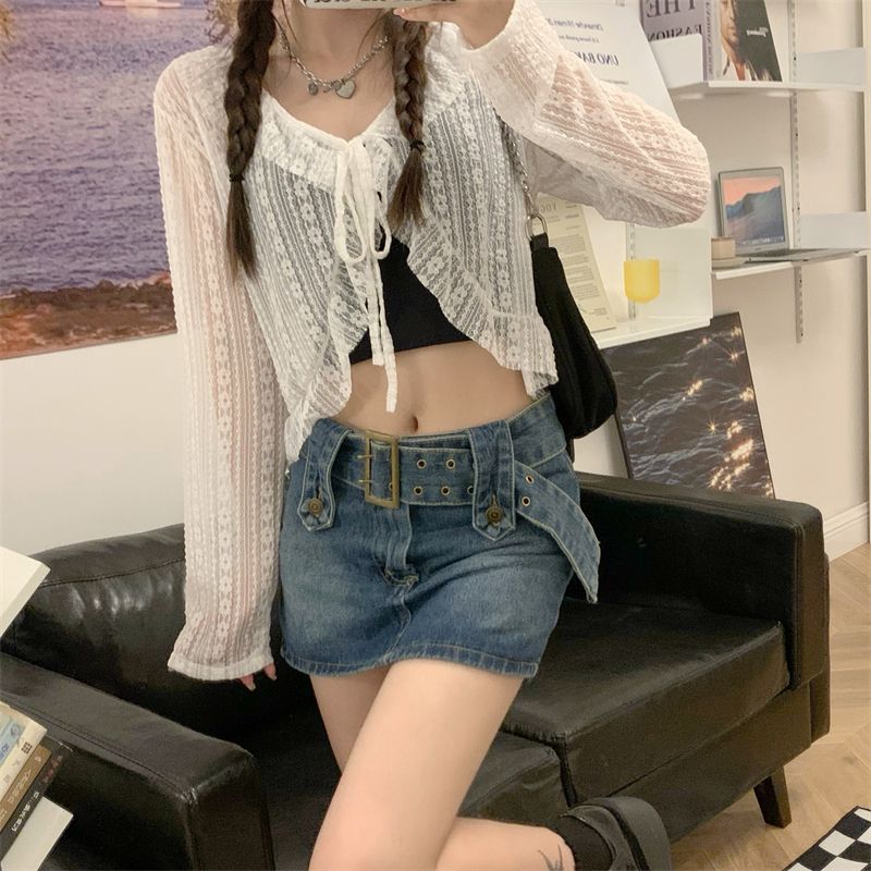 Милая блузка, женская летняя шифоновая белая кружевная кардиган с длинными рукавами, укороченные топы, черная солнцезащитная воздухопроницаемая рубашка