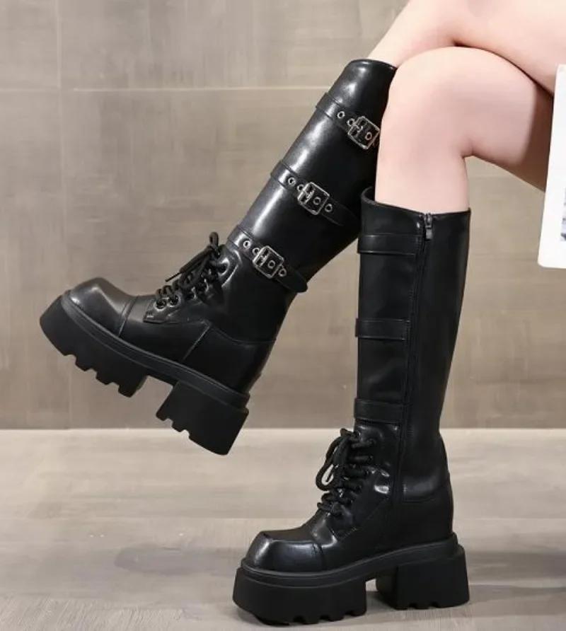 9,5 см модные женские ботинки из микрофибры синтетические кожаные ботинки осенние на платформе танкетка колено модные британские ботильоны весенние туфли