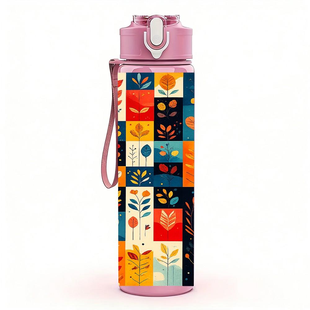 1PC Bright Geometric Patchwork Art Print 750ml Color Plastic Sports Water Bottle Leakproof Flip Straw Lid Suitable for Sports Office Home Use