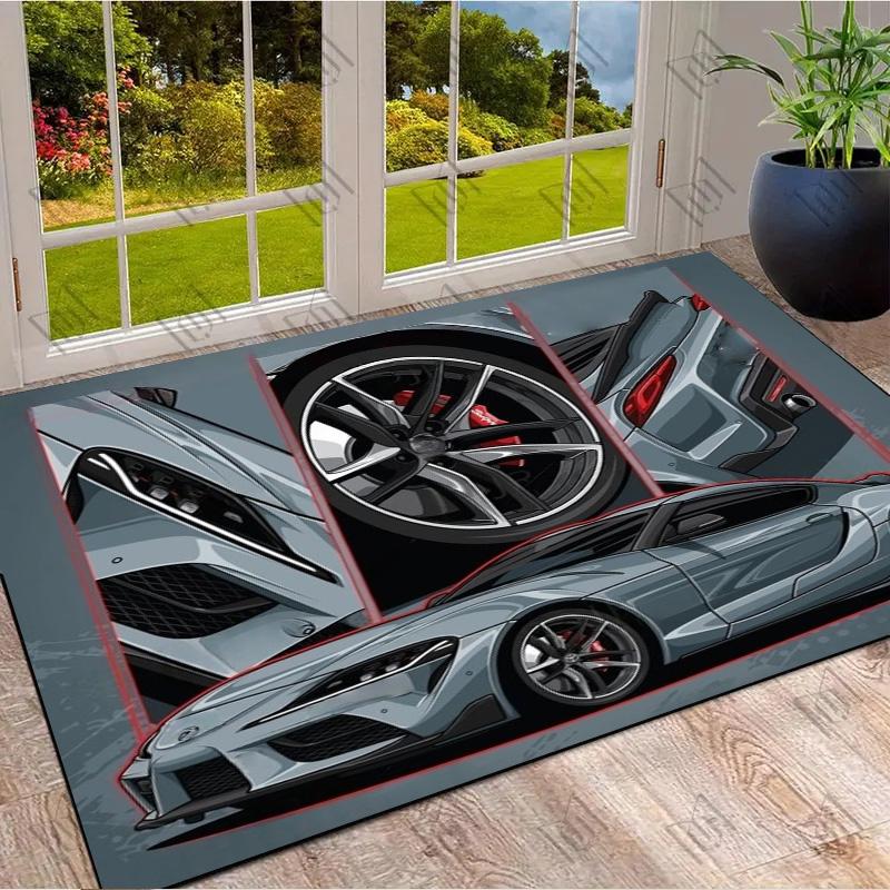 Grey Sport Car Wheel Body Detail Comic Collage Print Area Rug Non‑Slip Rectangular Floor Mat Auto Fan Decor for Gaming Bedroom Living Room