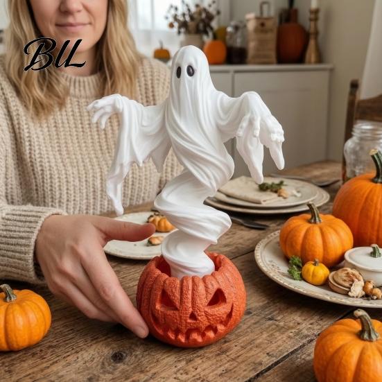 Halloween Yard Porch Accents Swirling Ghost Pumpkin Lamp, Lighted Spooky Statue, Warm LED Outdoor Scary Night Light for Party Decor, Fall Autumn