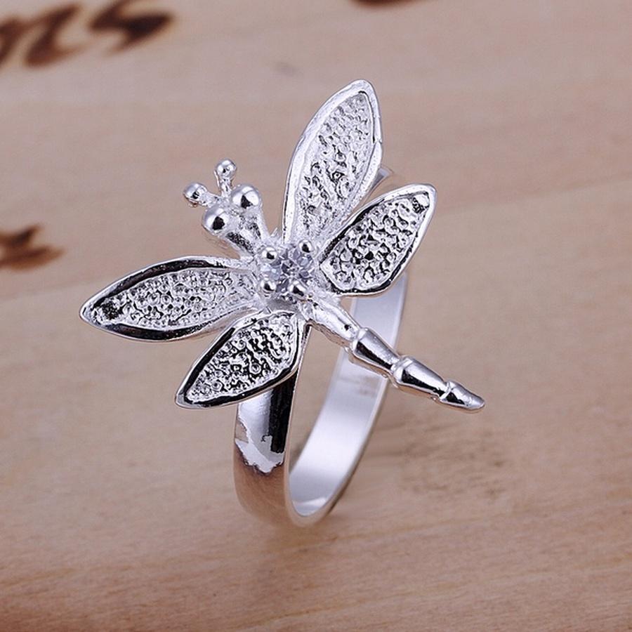 Festival Giftscolor Silver Rings Inlaid Stone Dragonfly Beautiful Trendy Jewelry Women Lady Cute