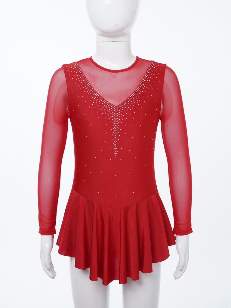 Kids Girls Stylish Dress Long Sleeve Sparkly Rhinestone Patchwork Style Gymnastics Leotard Dress Dancewear