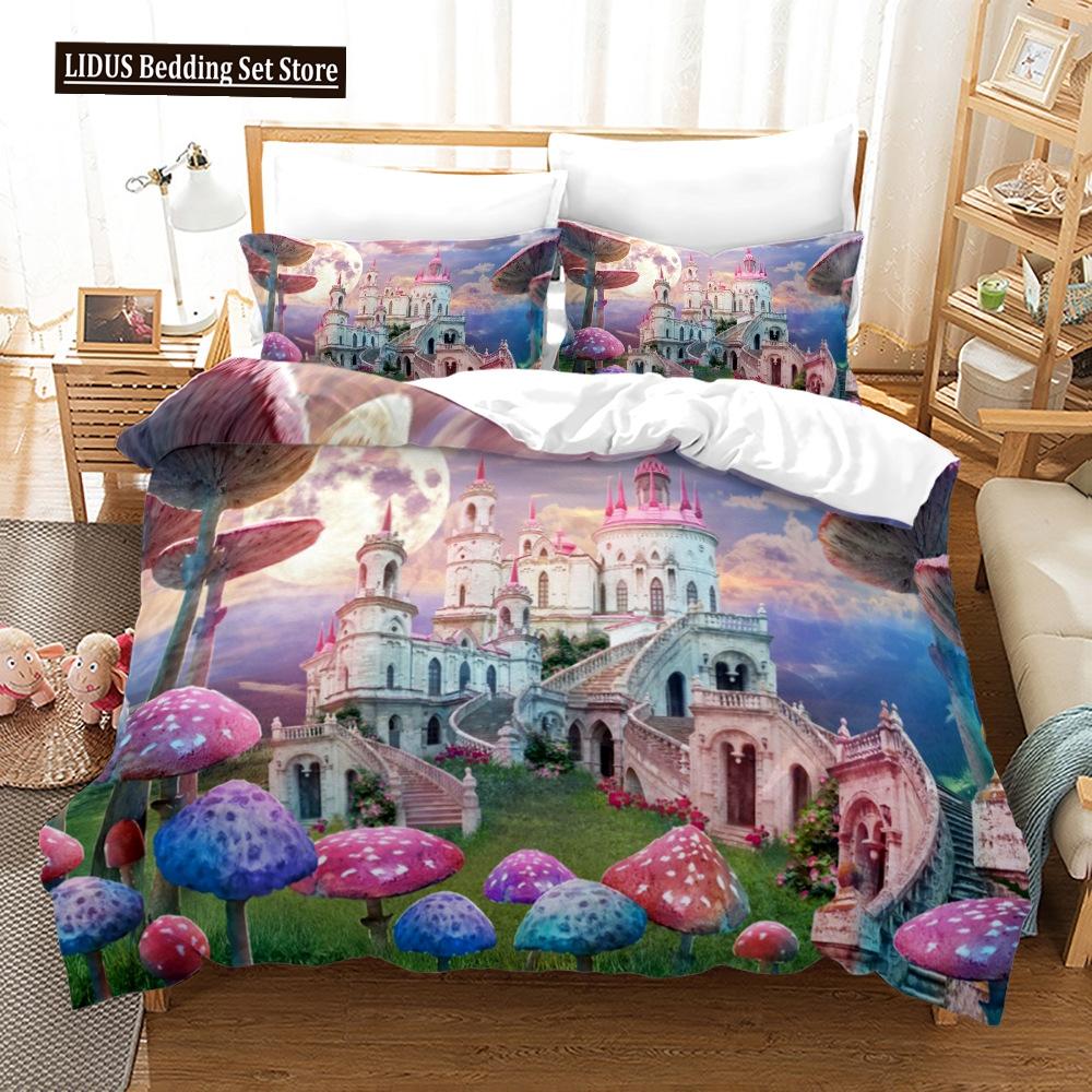 Комплект пододеяльника с грибами King Queen Size Звезда Фиолетовый Синий Триповый узор с грибами Мультяшный Полиэстеровый Комплект постельного белья Для ребенка Мальчика Девочки