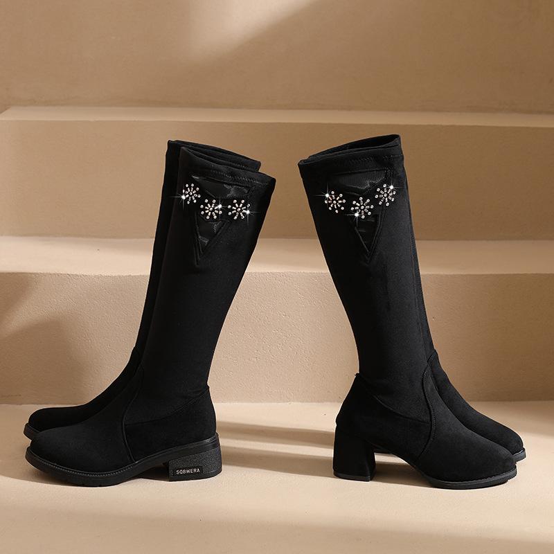 Осень-зима 2025 новые сапоги, эластичные ботфорты, толстый каблук тонкий, высокие сапоги не спадают, женские сапоги на высоком каблуке