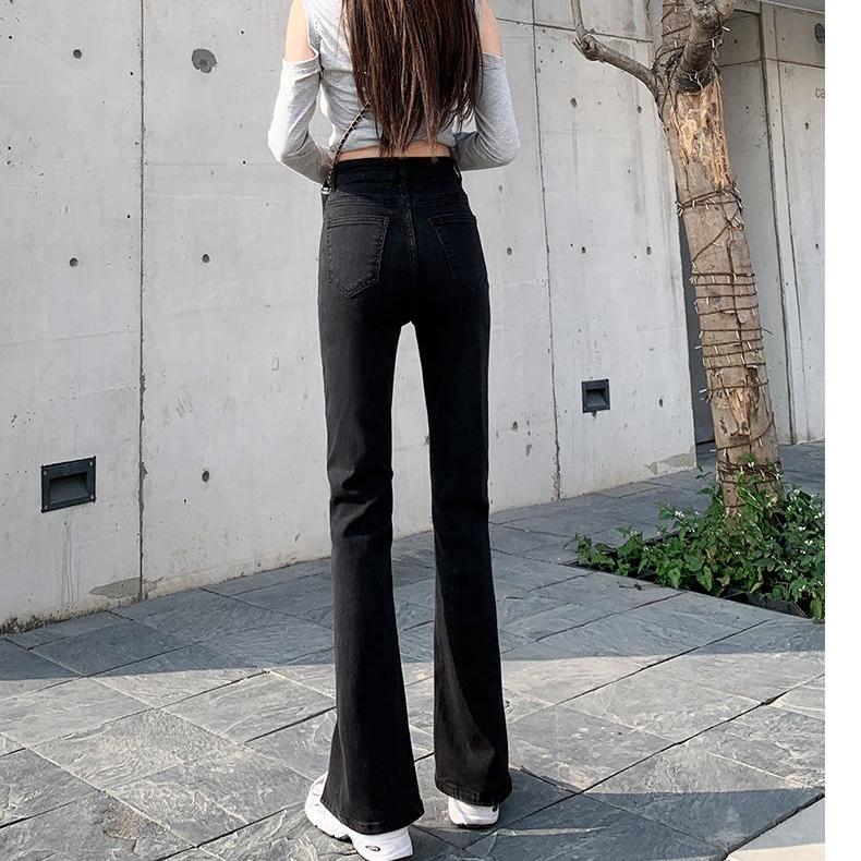 Весенне-летние эластичные джинсовые брюки с высокой талией, тонкие утягивающие прямые женские повседневные джинсовые брюки с разрезом, микро-прямые