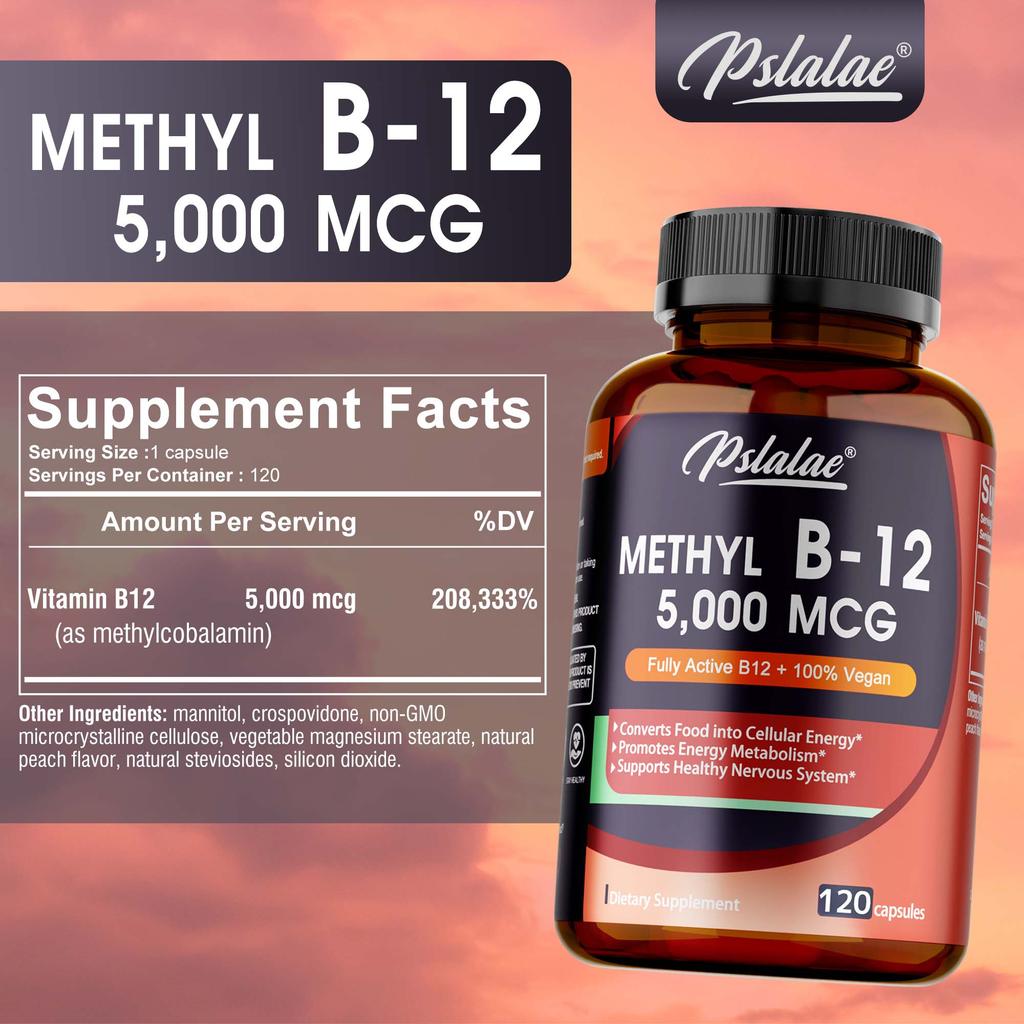 Vitamin B12 capsules, 5000 mcg per serving, promote energy metabolism and support a healthy nervous system, 120 capsules.
