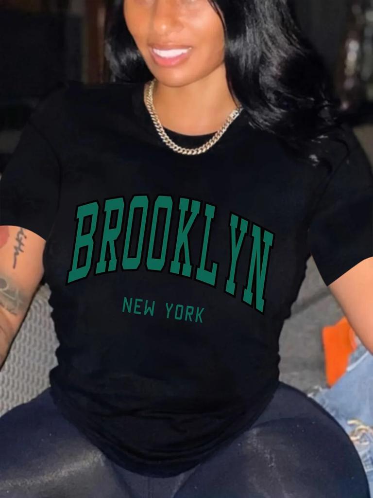 Brooklyn Letter Print Crew Neck Unisex T-shirt Casual Short Sleeve Drop Shoulder Top Tees WoUnisex Clothing