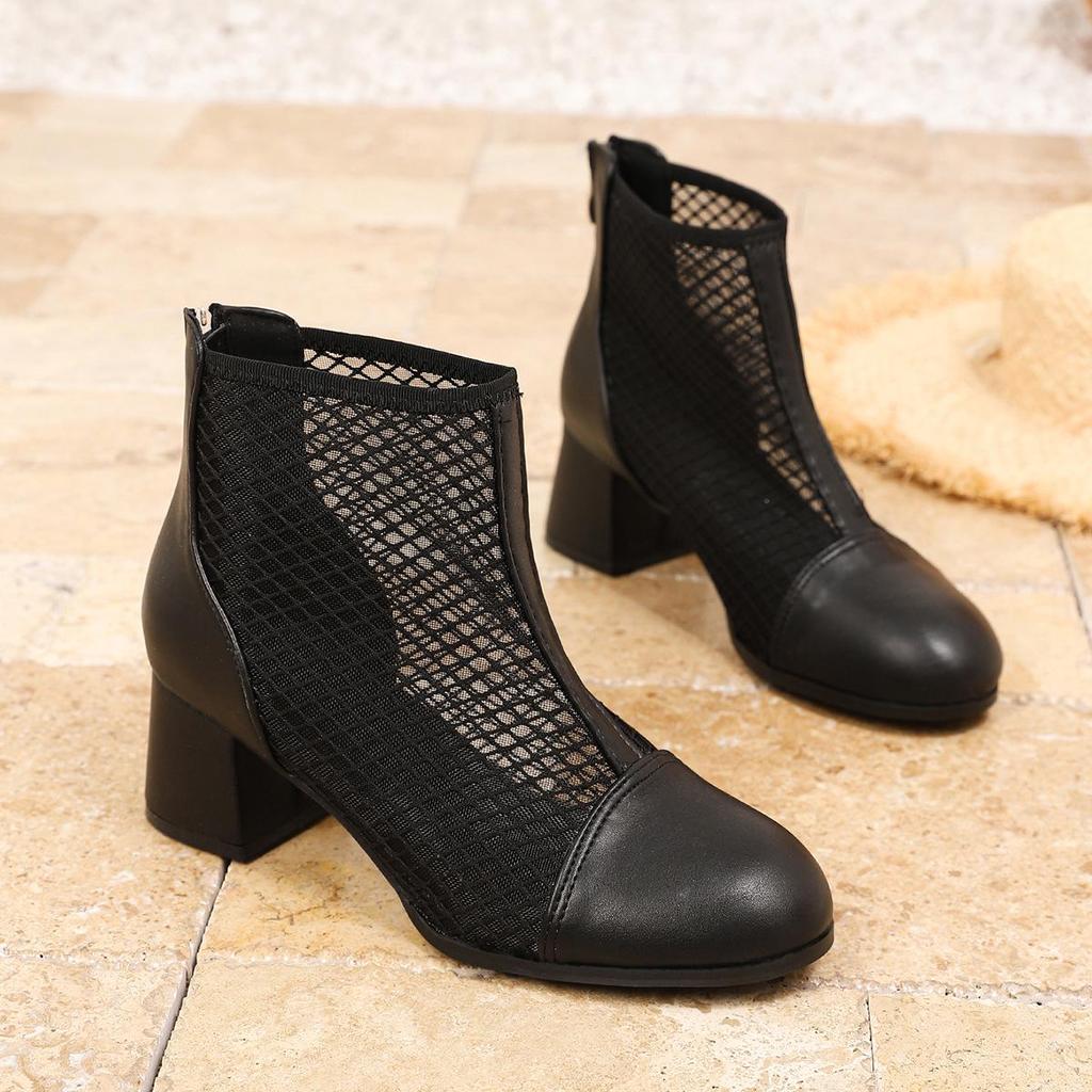 2026 Spring/Summer Women's Breathable Mesh Chunky Heel Ankle Boots - Comfortable & Fashionable Soft Sole Shoes
