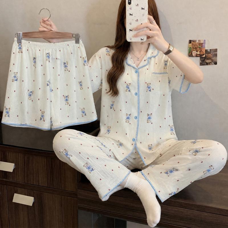 Little fresh fairy style summer new short-sleeved pajamas women's lazy sense loungewear cloud cotton three-piece set
