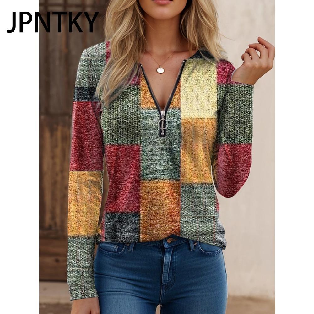JPNTKY Women's Fashion Casual Autumn Winter Long Sleeve Zip Collar Blouses & Shirts