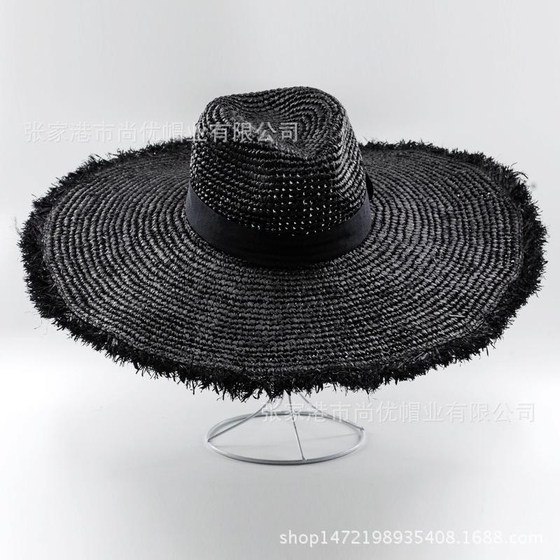 Summer woven edged big-brimmed jazz straw hat, women's pull style big-brimmed Lafite straw hat, beach straw hat