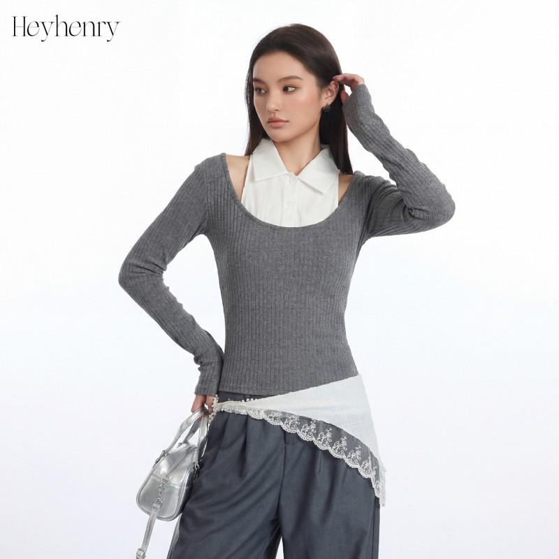 HeyHenry Womens Slim Fit Short Long Sleeve T-Shirt Korean Style Color Block Patchwork Top