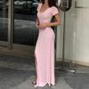 Вязаное платье с коротким рукавом, европейское и американское весенне-летнее новое облегающее длинное платье с V-образным вырезом и разрезом