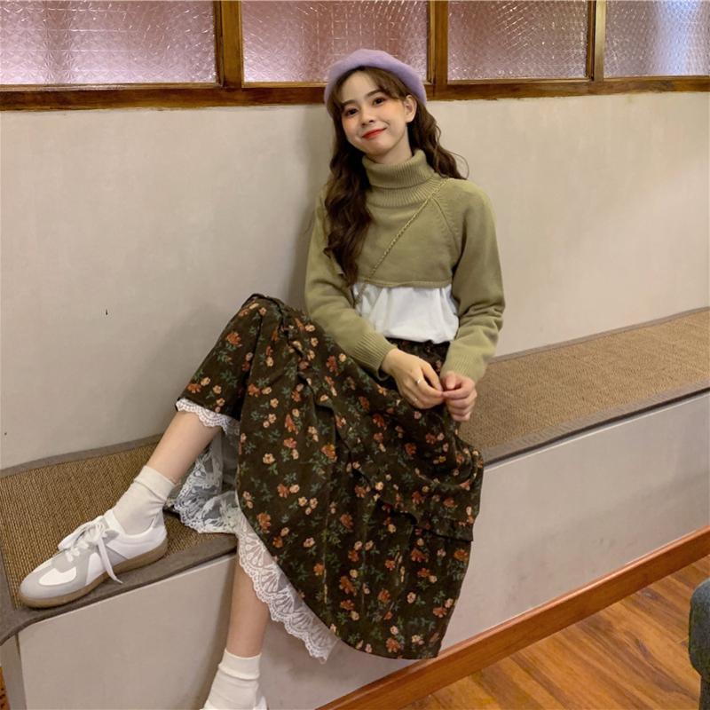 Новая японская женская юбка-миди Mori Girl с высокой талией, темно-синяя, коричневая юбка с цветочным принтом и кружевными оборками, винтажная элегантная вельветовая юбка