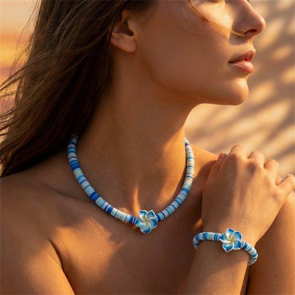 Bohemian Pink Rice Bead Polymer Clay Big Flower Pendant Necklace And Earrings Set Delicate Jewelry Gift For Women