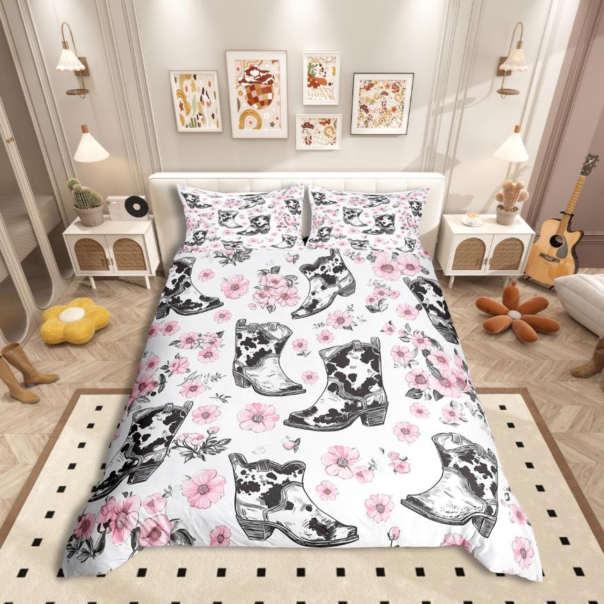 Homewish Cute Highland Cattle Duvet Cover Set,Farm Animal Bedding Set,Colorful Rustic Flower Floral Bed Set For Girls Boys