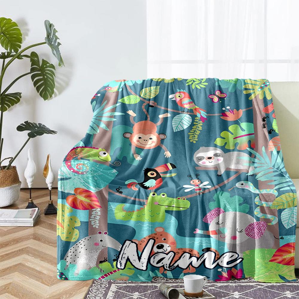 Custom Name Animals Theme Printed Blanket - Perfect for Couch, Bed, Travel & Outdoor Use | Machine Washable, Cozy & Durable.