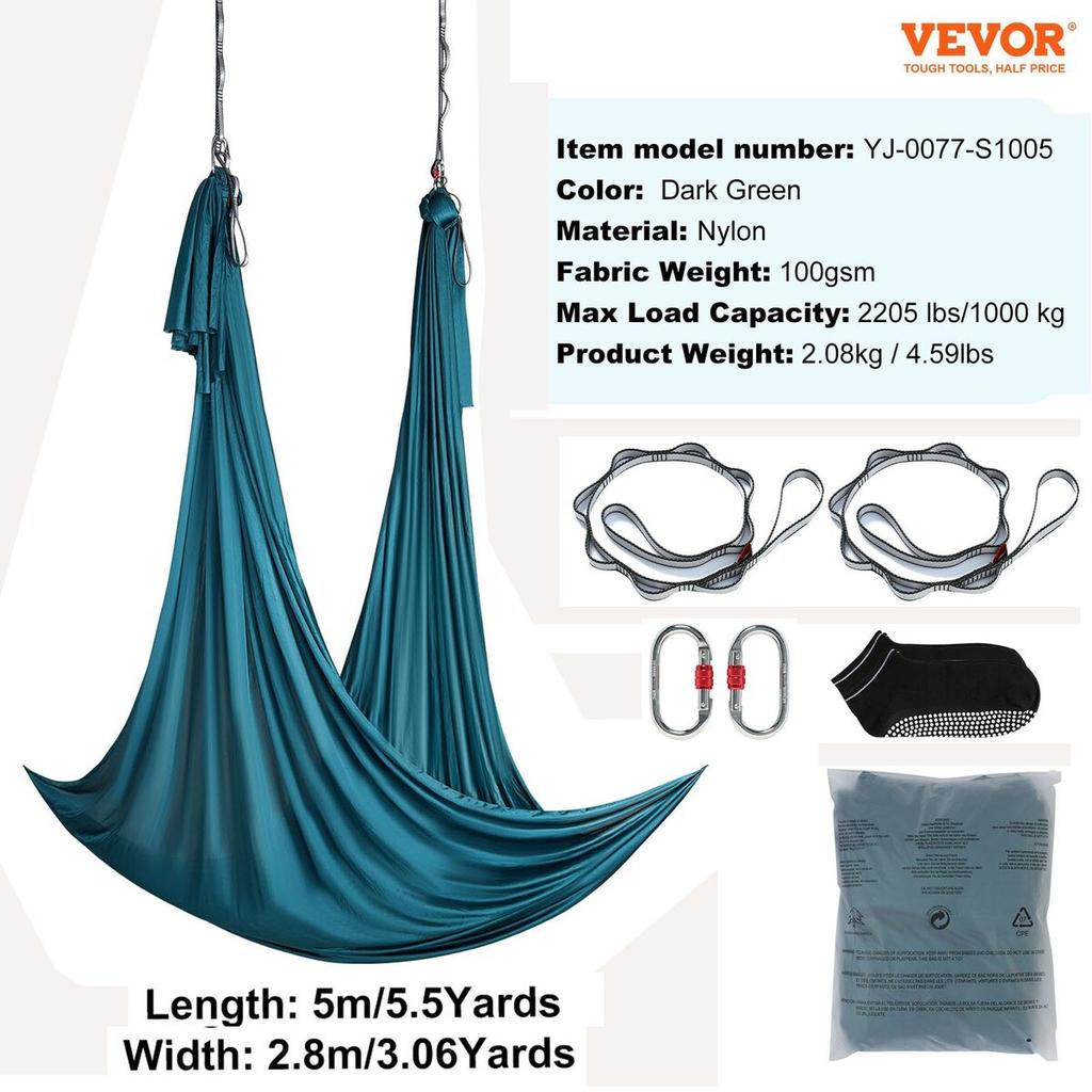Aerial Yoga Hammock & Swing, 5.5 Yards, Aerial Yoga Starter Kit with 100gsm Nylon Fabric, Full Rigging Hardware & Easy Set-up Guide, Antigravity