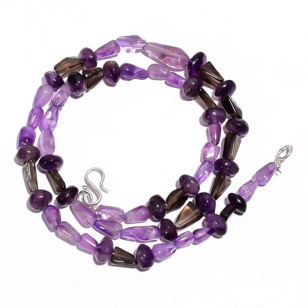 Natural Amethyst Smoky Quartz Gemstone Smooth Beads Necklace 17" UB-4554 UB-4554