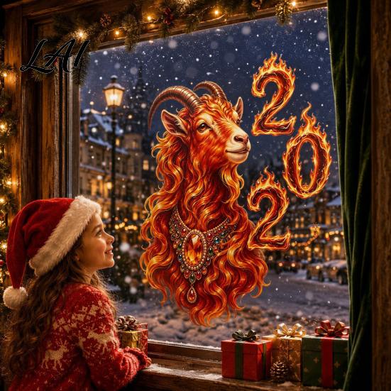 Holiday Glass Surface Decor 2027 Year of Goat Window Cling Lunar New Zodiac Decorative Shop Signs Sticker Flame Style Spring Festival Door for Home