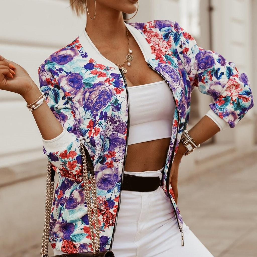 Женская мода с длинным рукавом на молнии с принтом повседневная короткая куртка пальто