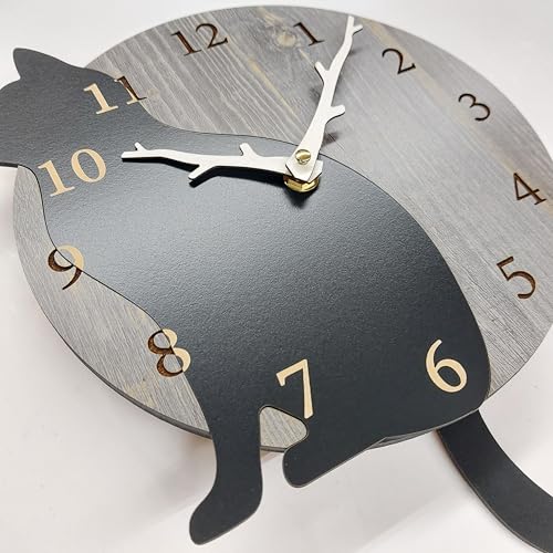 Черные кошачьи настенные часы с маятником, дизайн из натурального дерева, стильный подарок для любителя кошек, мотив кошки, интерьер в скандинавском стиле, милый аксессуар с виляющим хвостом