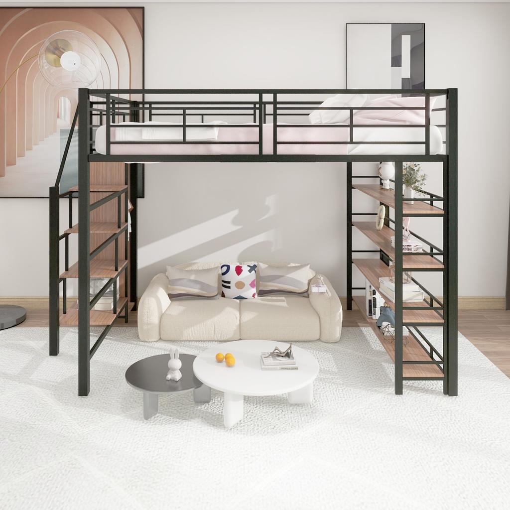 Loft bed 140*200, with safety staircase, storage and small wardrobe, shelves, high fence design, single bed, youth bed, black