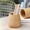 Pen Storage Container Faux Rattan Holder, Woven Style Makeup Brush Boho Office Desk Organizer Desktop Organizer, Multi-functional Resin Pencil Cup for