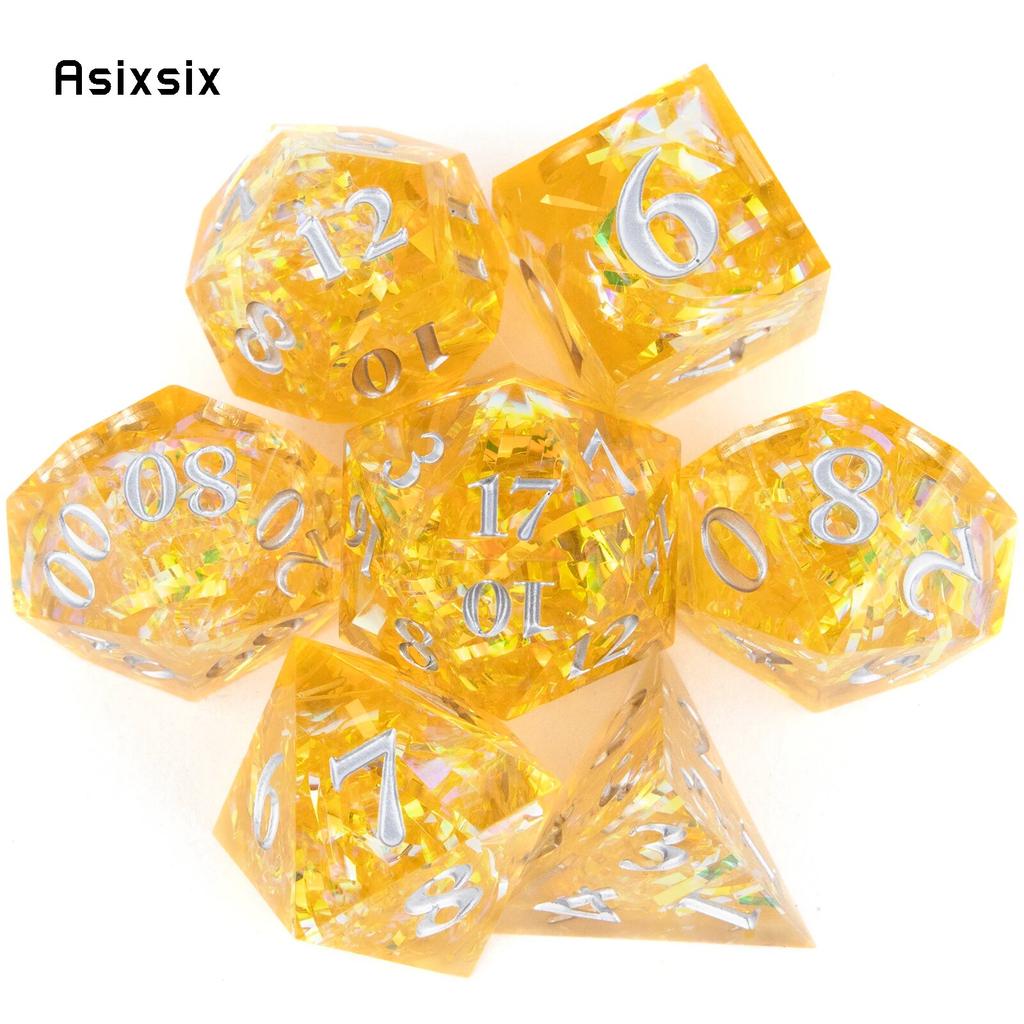 7 шт. желтая смола, белый номер, игральные кости с острыми краями, многогранные кубики, подходящие для ролевых ролевых игр, настольная игра