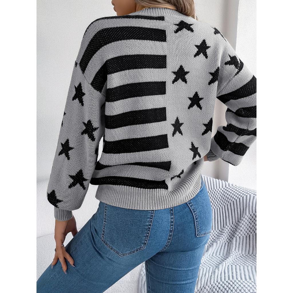 HNXC Повседневный свитер-пуловер с длинными рукавами-фонариками в осенне-зимнюю полоску со звездами, женская одежда
