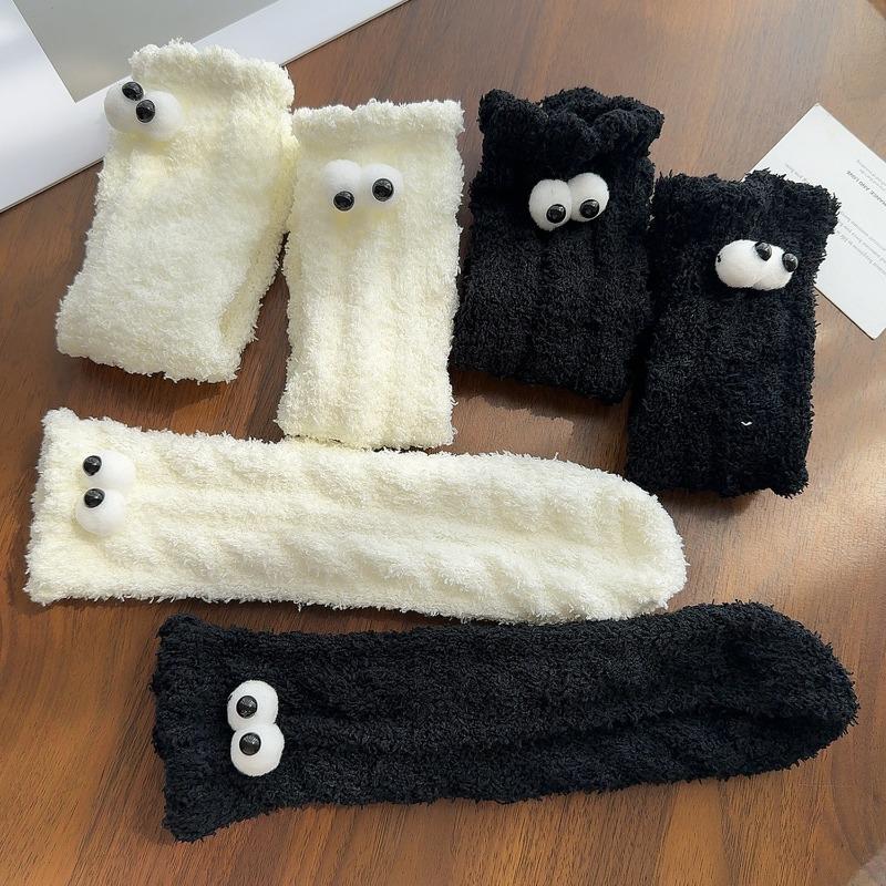 Coral Fleece Socks with Thick Fleece Winter Black and White Long Socks Warm and Cute Cartoon Eyes Woolen Sock